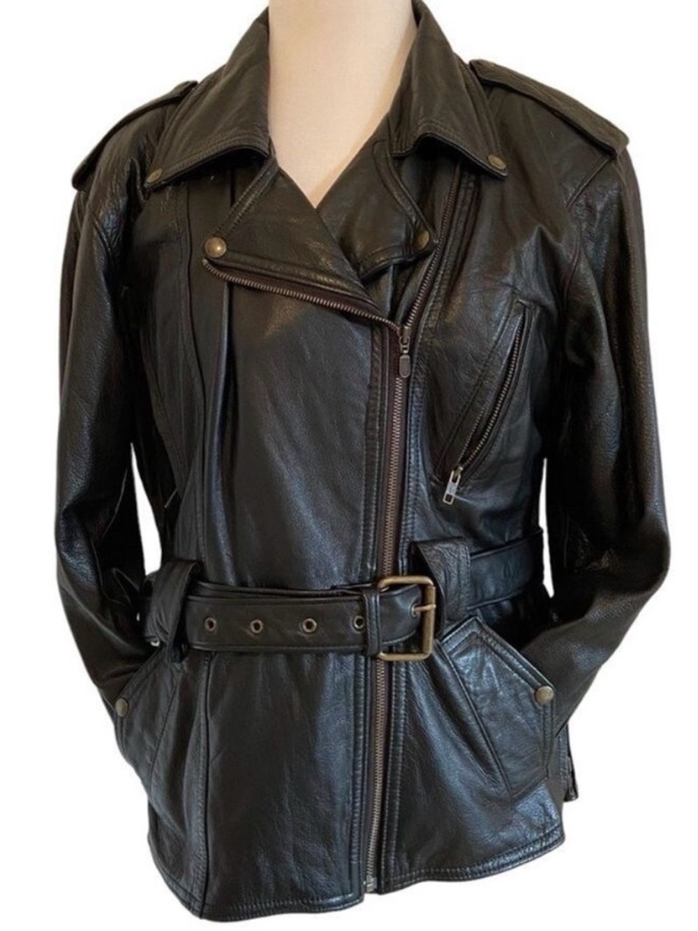 Screamin’ Eagle black genuine leather belted fitted biker jacket perfecto Large